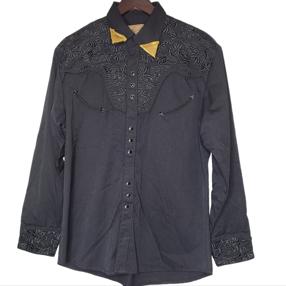 VTG Scully Men Western Snaps Button Shirt Size Medium Black Embroidered Floral